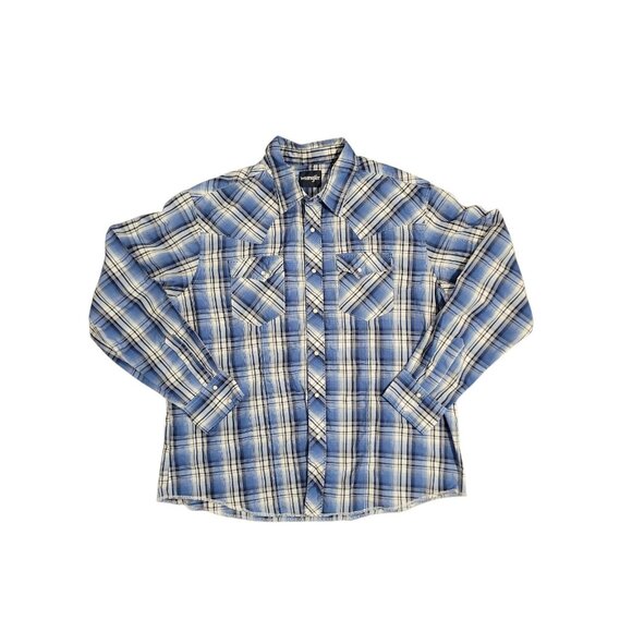 Wrangler Western Pearl Snap Plaid Long Sleeve Nutton Down Men XXL 2XL Rodeo Blue - Picture 1 of 11